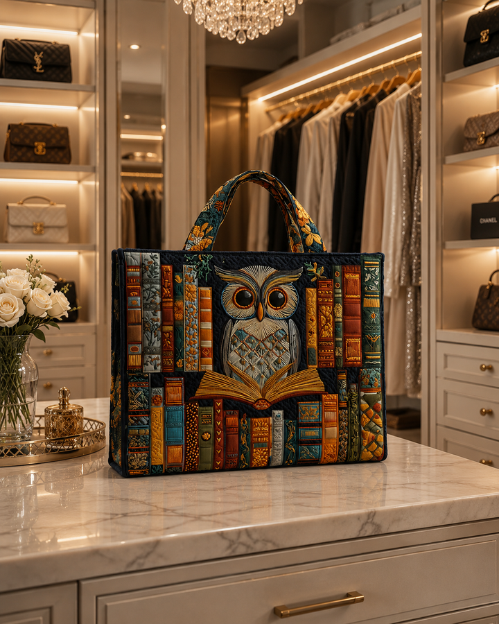 Quilted Tote Bag - Owl and Ancient Books