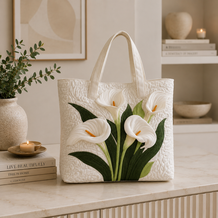 Quilted Tote Bag - White Calla Lilies