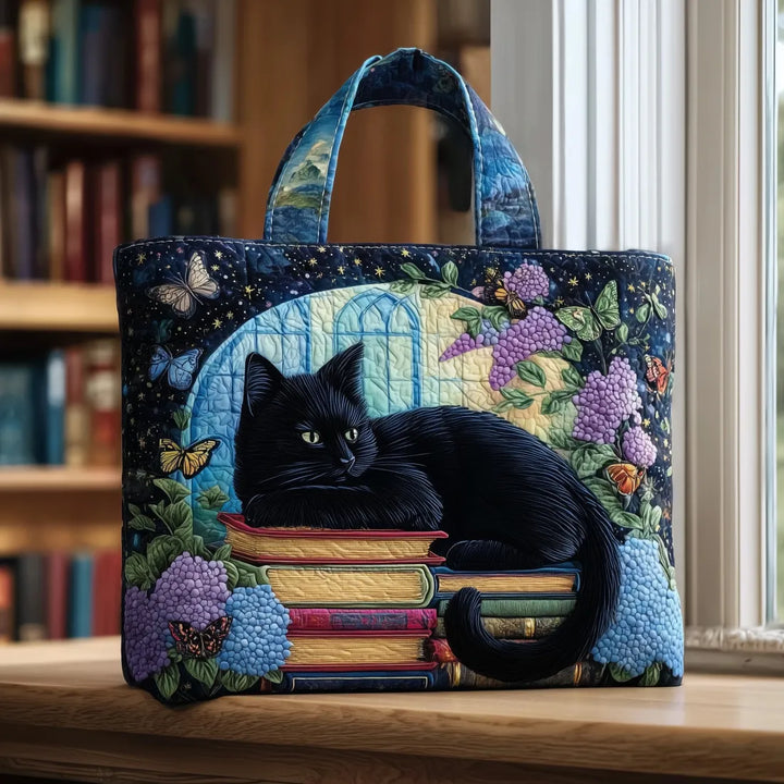 Quilted Tote Bag - Black Cat on Books