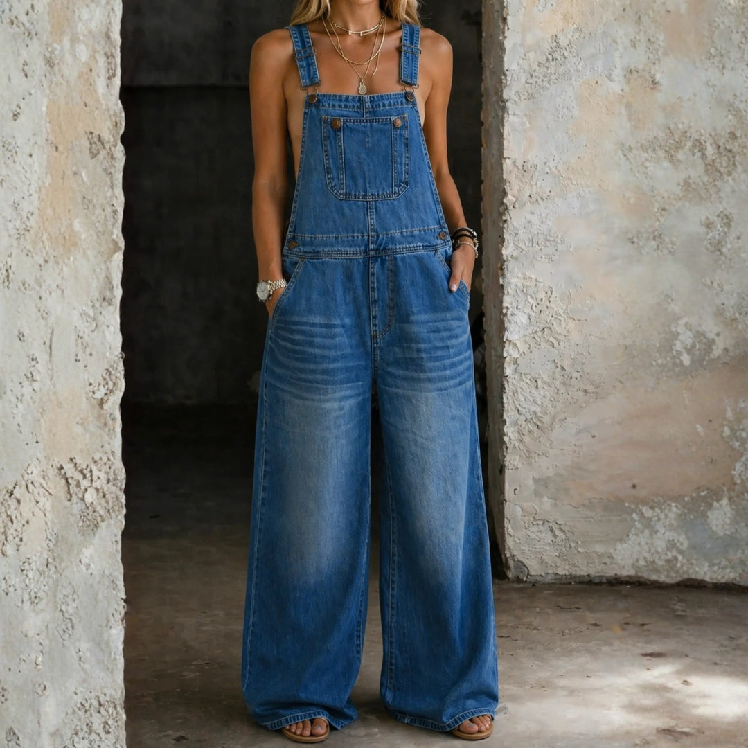 Adela - Denim Dungarees with Elastic Waist