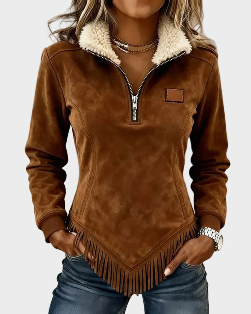 Petra – Elegant women's sweatshirt with fur and fringes