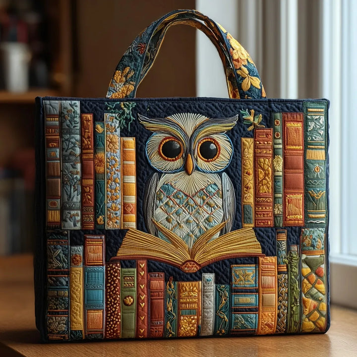 Quilted Tote Bag - Owl and Ancient Books
