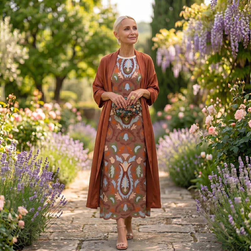 Daniela - Long dress with a floral pattern with a fitted vest