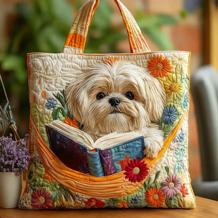 Quilted Tote Bag - Shih Tzu with Books and Flowers