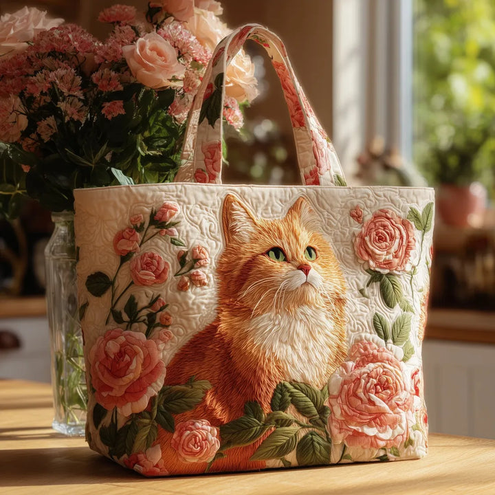 Quilted Tote Bag - Ginger Cat with Roses
