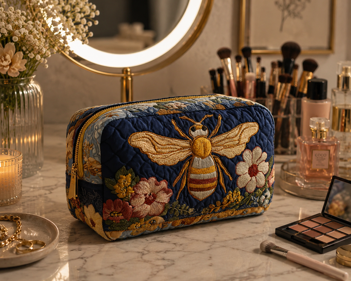 Bee Blossom Quilted Makeup Bag