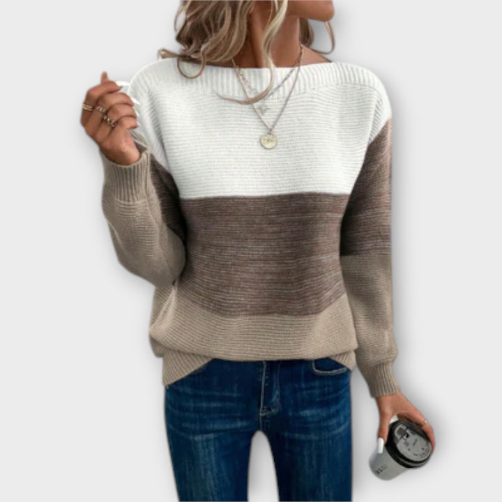 Clara - Elegant, three-colour patchwork sweater