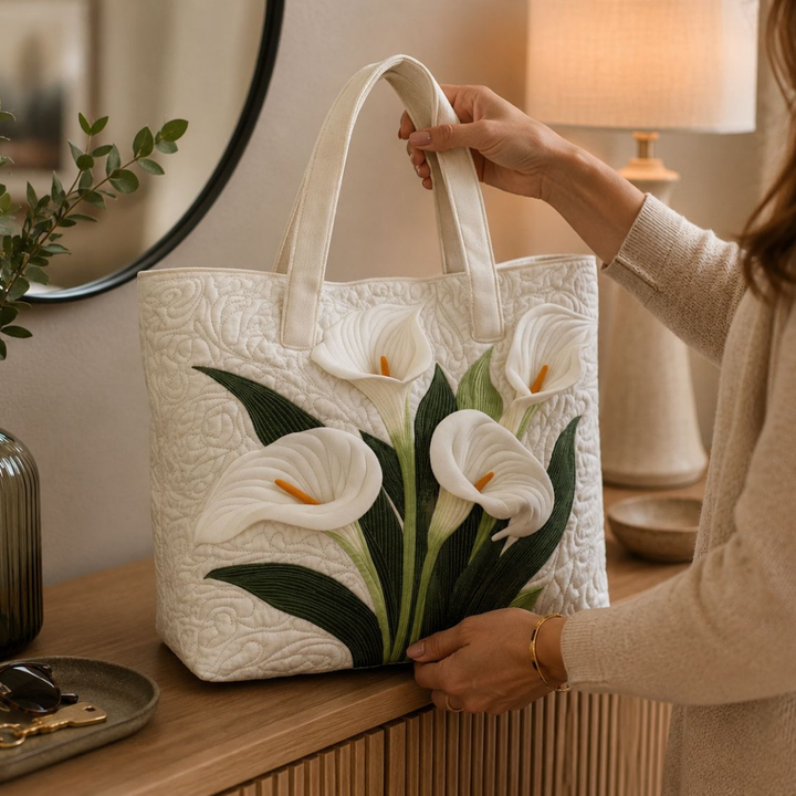 Quilted Tote Bag - White Calla Lilies