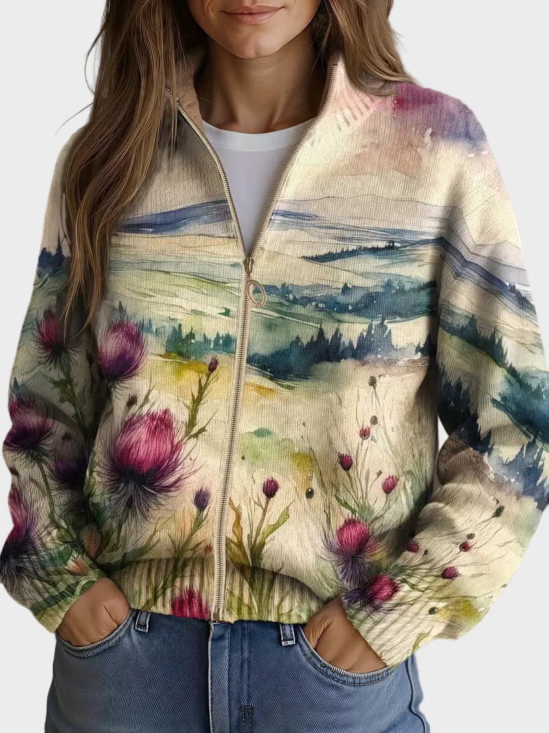 Zelda - Scottish Thistle Flower - Zipper Cardigan