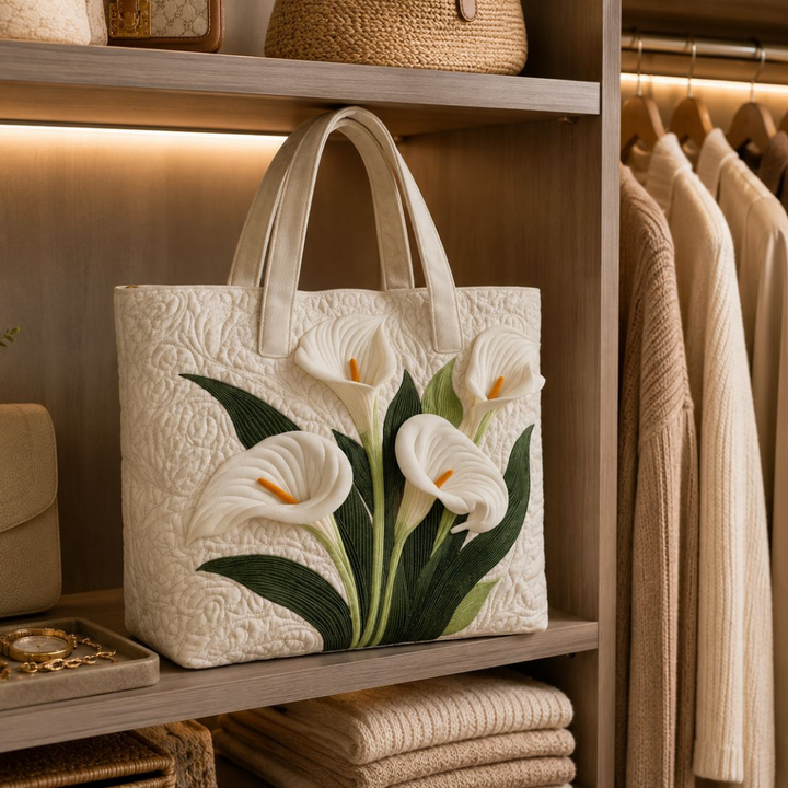 Quilted Tote Bag - White Calla Lilies