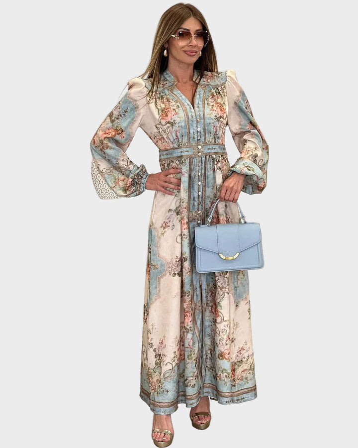 Meda – Elegant long floral dress with buttons