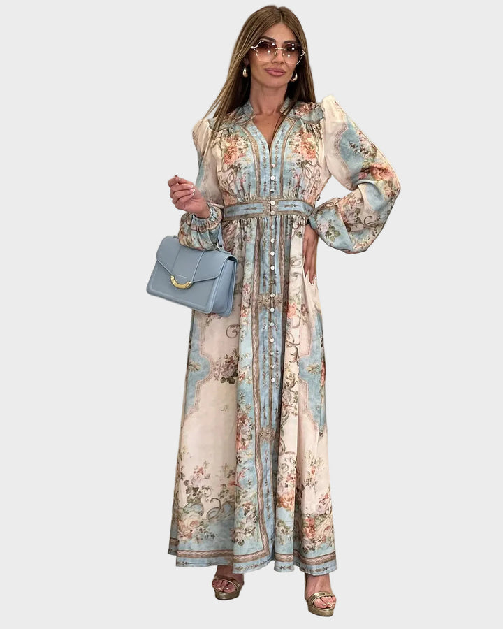 Meda – Elegant long floral dress with buttons