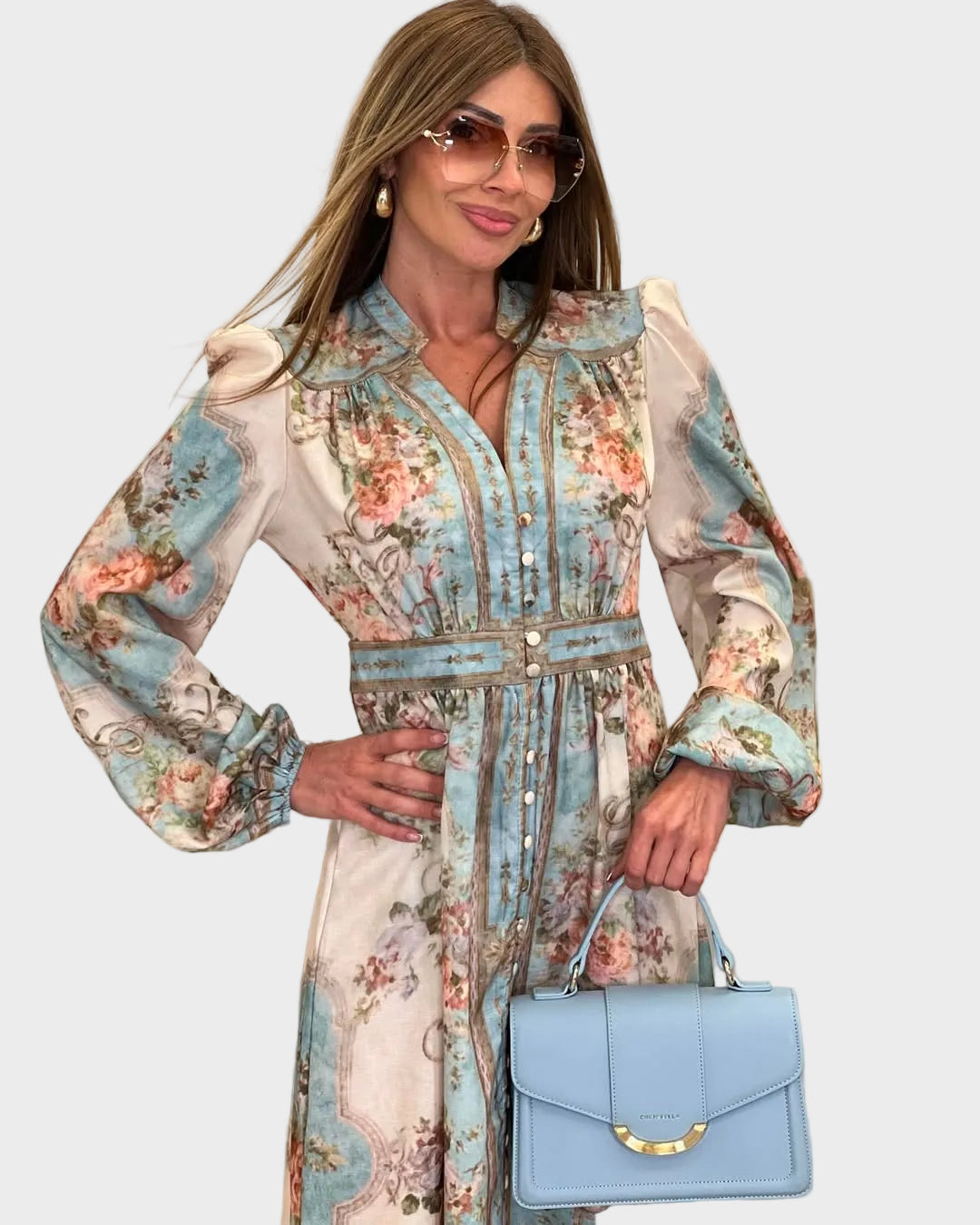 Meda – Elegant long floral dress with buttons