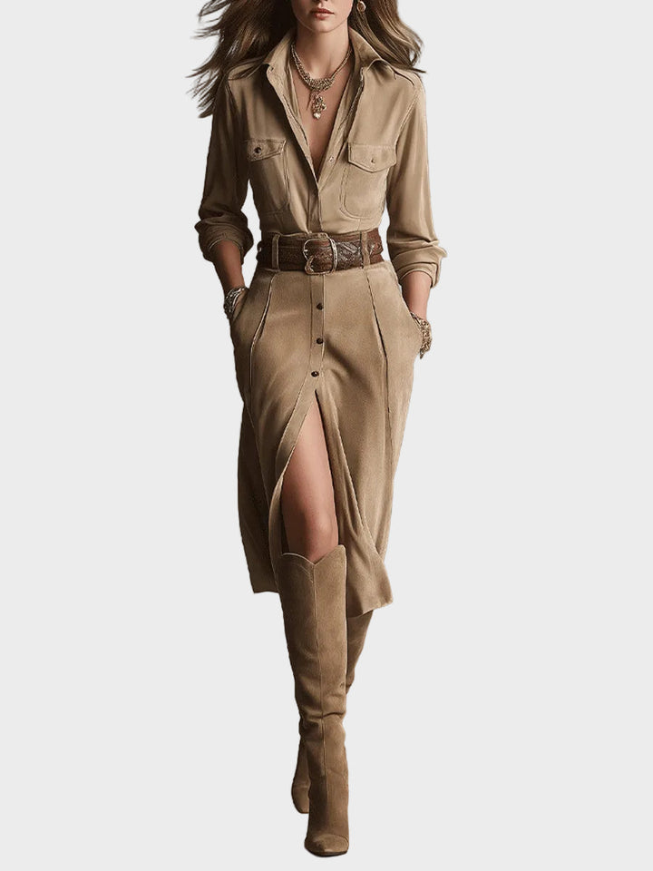 Women's brown fashionable suede midi dress