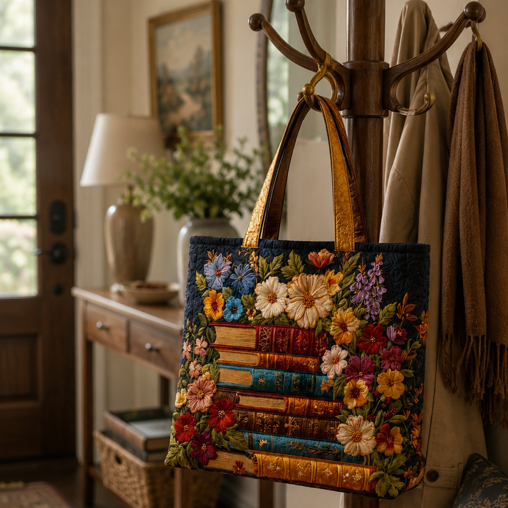 Quilted Tote Bag - Floral and book print
