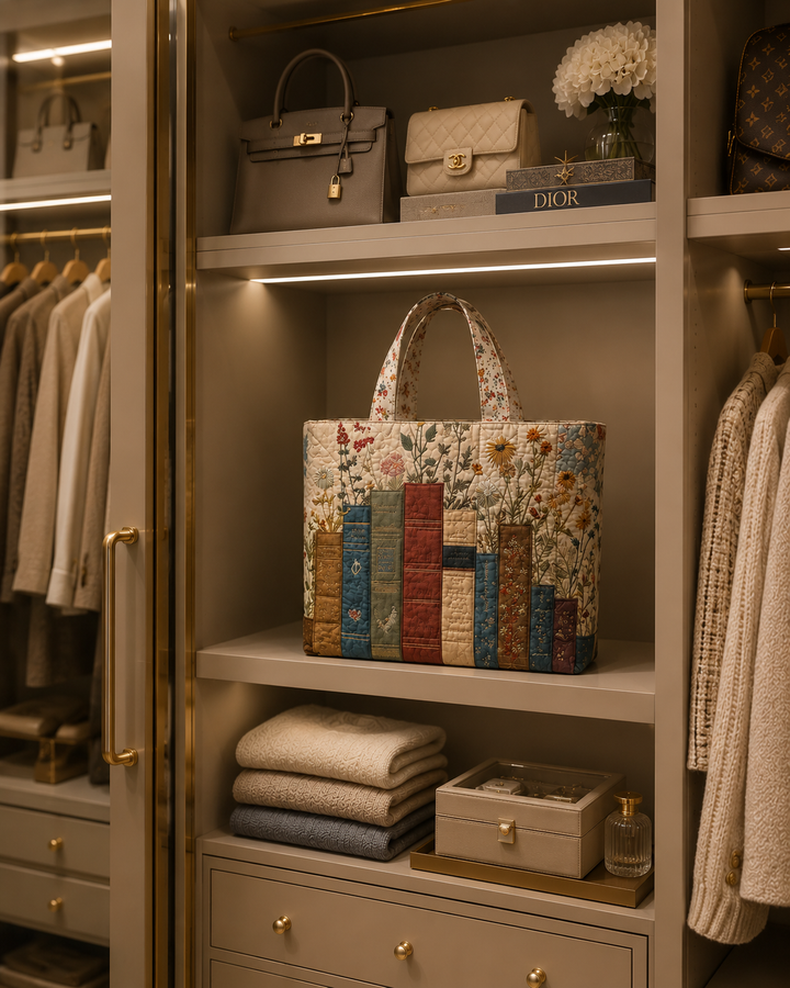 Quilted Tote Bag - Books and Flowers