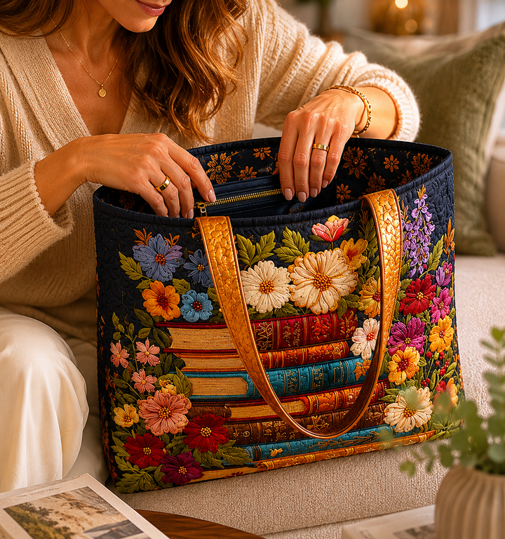Quilted Tote Bag - Floral and book print