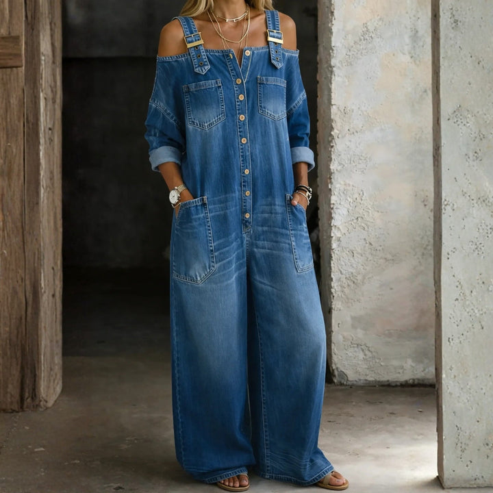 Celina - Denim jumpsuit with bare shoulders