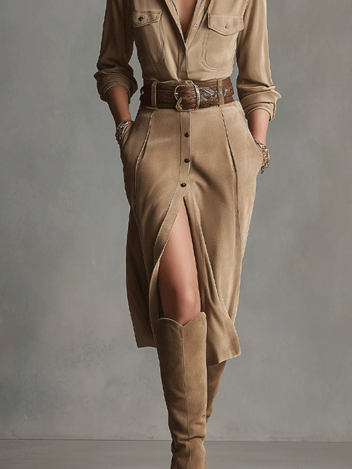 Women's brown fashionable suede midi dress
