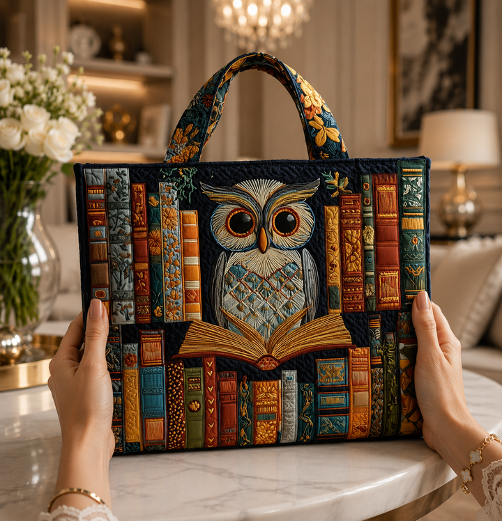 Quilted Tote Bag - Owl and Ancient Books