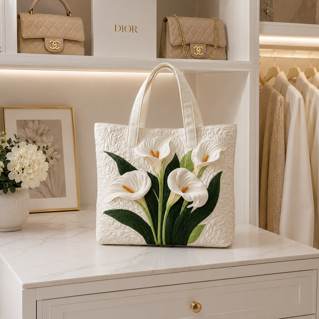 Quilted Tote Bag - White Calla Lilies