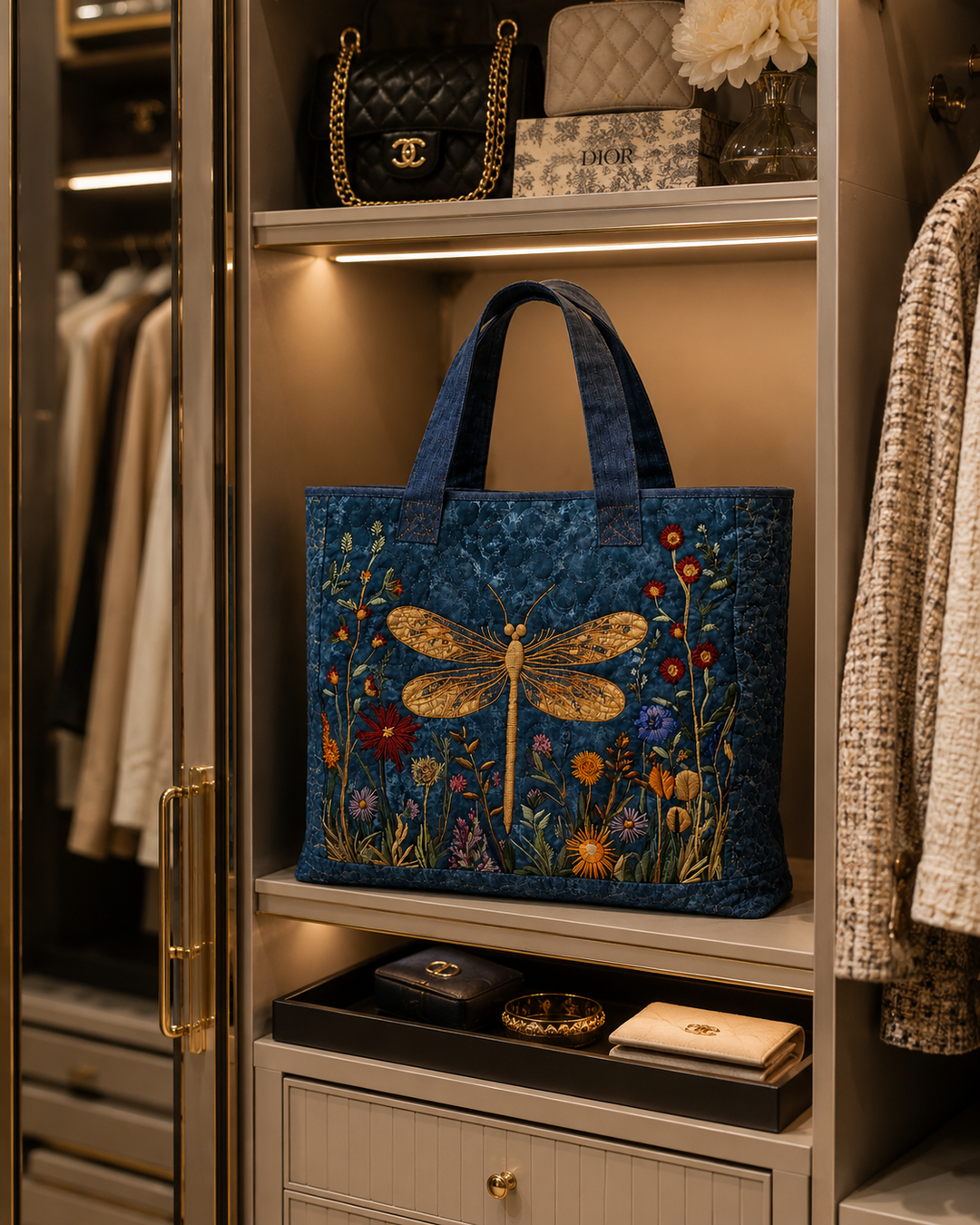 Quilted Tote Bag - Golden Dragonfly