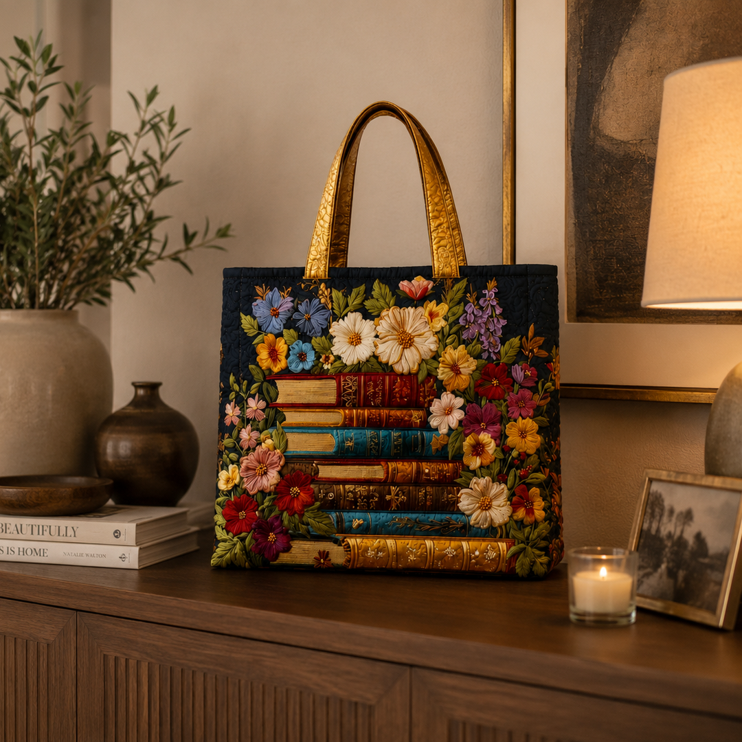 Quilted Tote Bag - Floral and book print