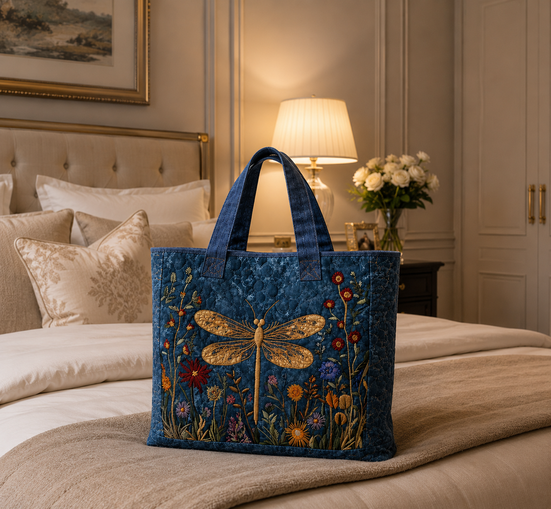 Quilted Tote Bag - Golden Dragonfly