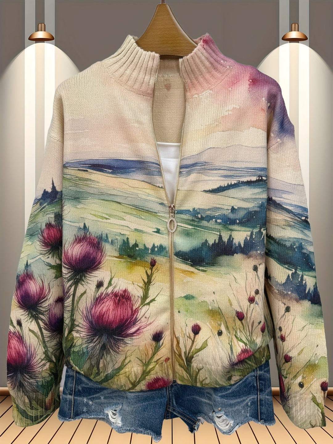 Zelda - Scottish Thistle Flower - Zipper Cardigan