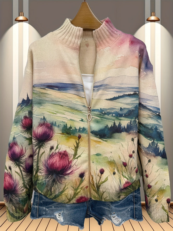 Zelda - Scottish Thistle Flower - Zipper Cardigan