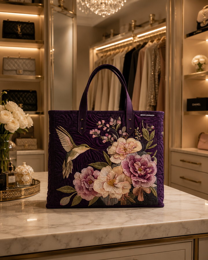 Quilted Tote Bag - Hummingbirds and Orchids