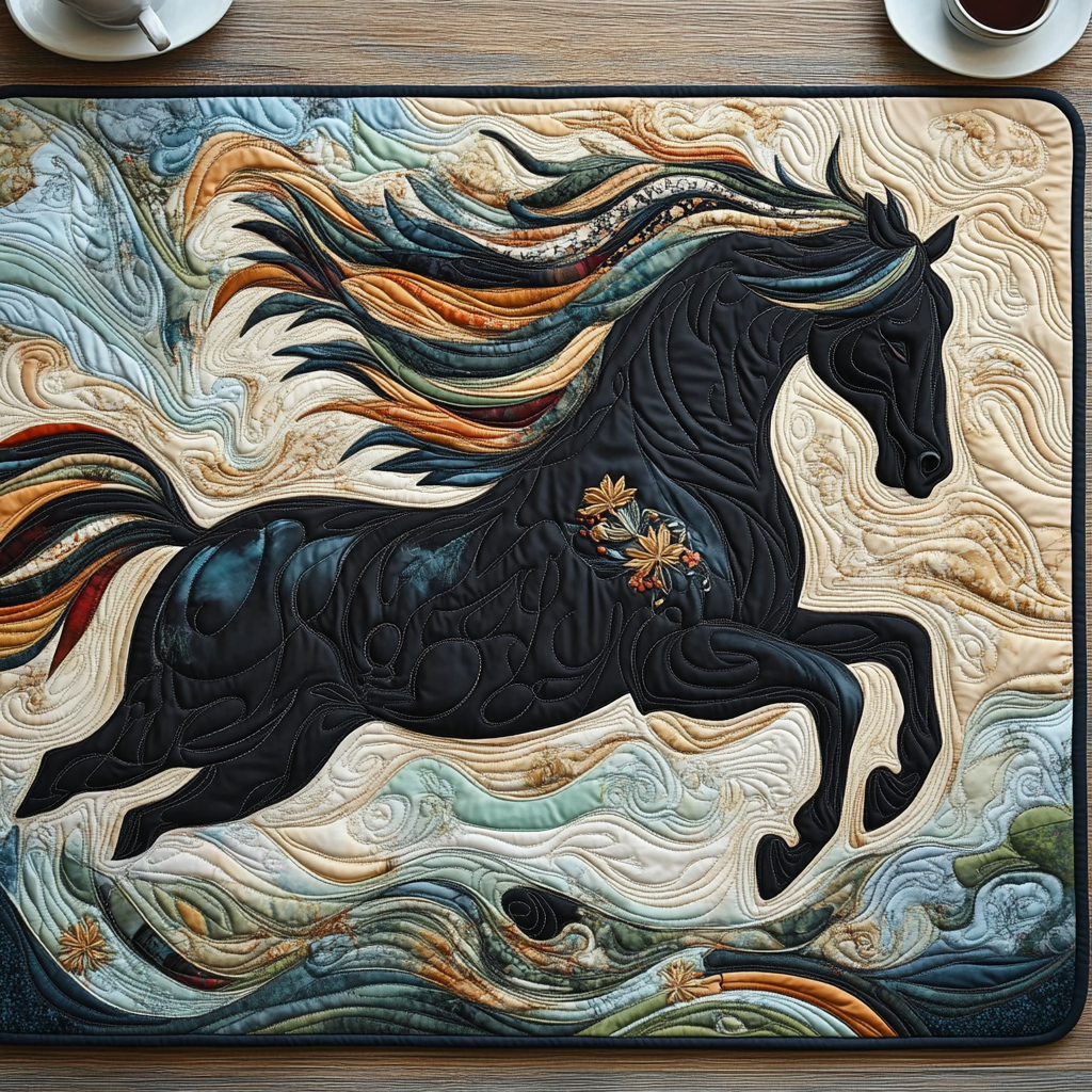 Artistic Black Running Horse Quilted Place Mat