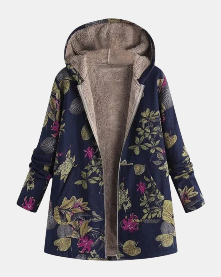 Aurora - Navy Blue Coat with a Floral Pattern