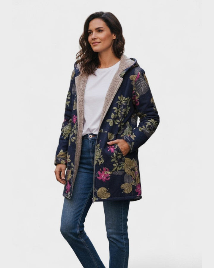 Aurora - Navy Blue Coat with a Floral Pattern