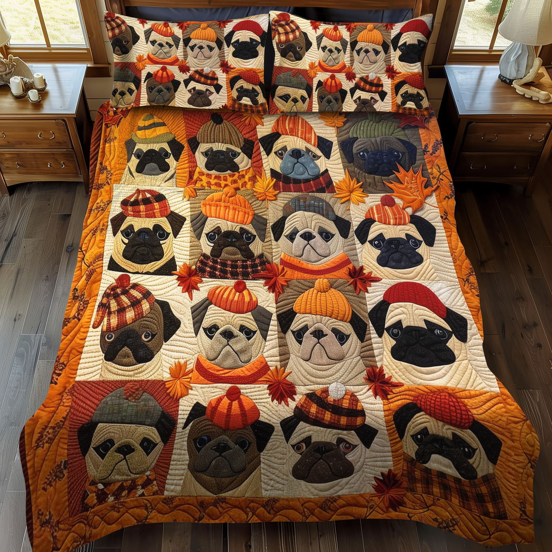 Autumn Vibe Pugs 3-Piece Quilted Bedding Set