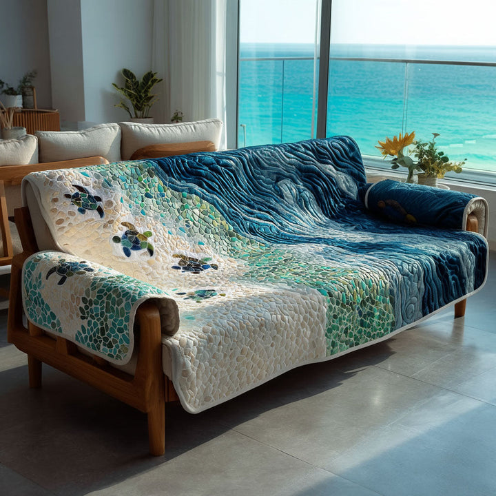 Azure Waves Turtle Quilted Sofa Cover