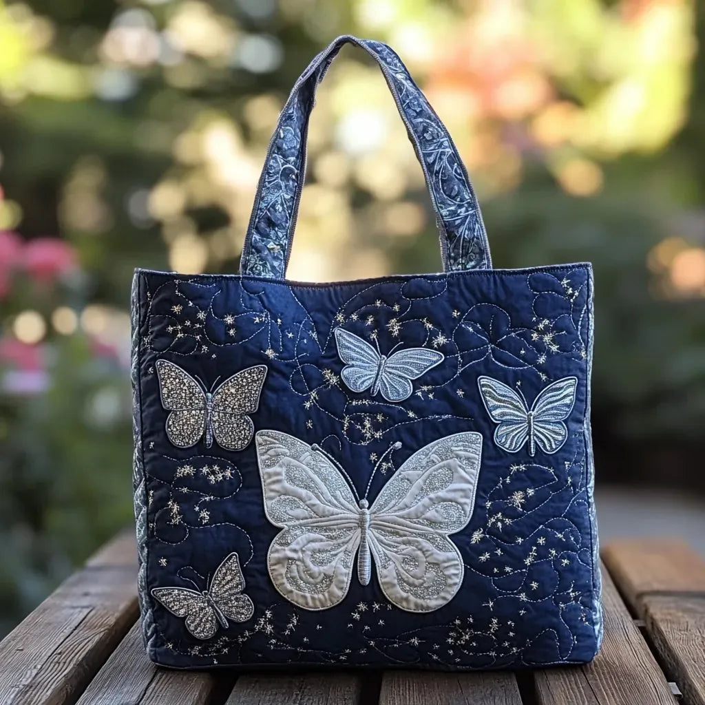 Quilted Tote Bag - Silver Butterfly