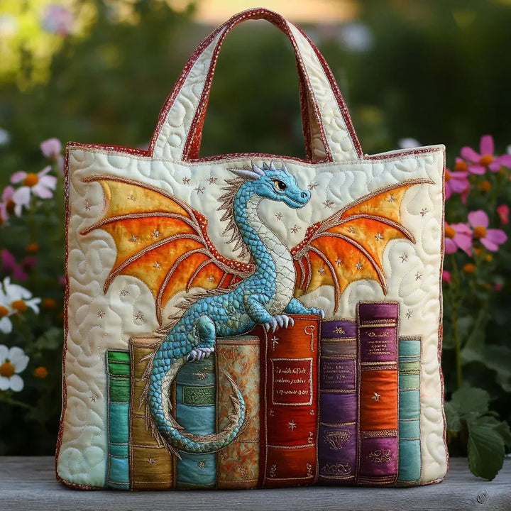 Quilted Tote Bag - Emerald Dragon Book Guardian