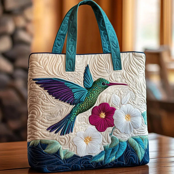 Quilted Tote Bag - Hummingbird and White Flower