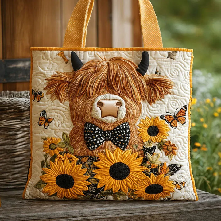 Quilted Tote Bag - Highland Cow with Sunflowers