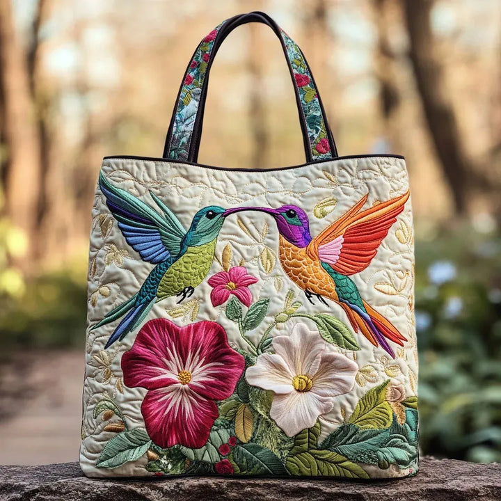Quilted Tote Bag - Hummingbird and White Flowers