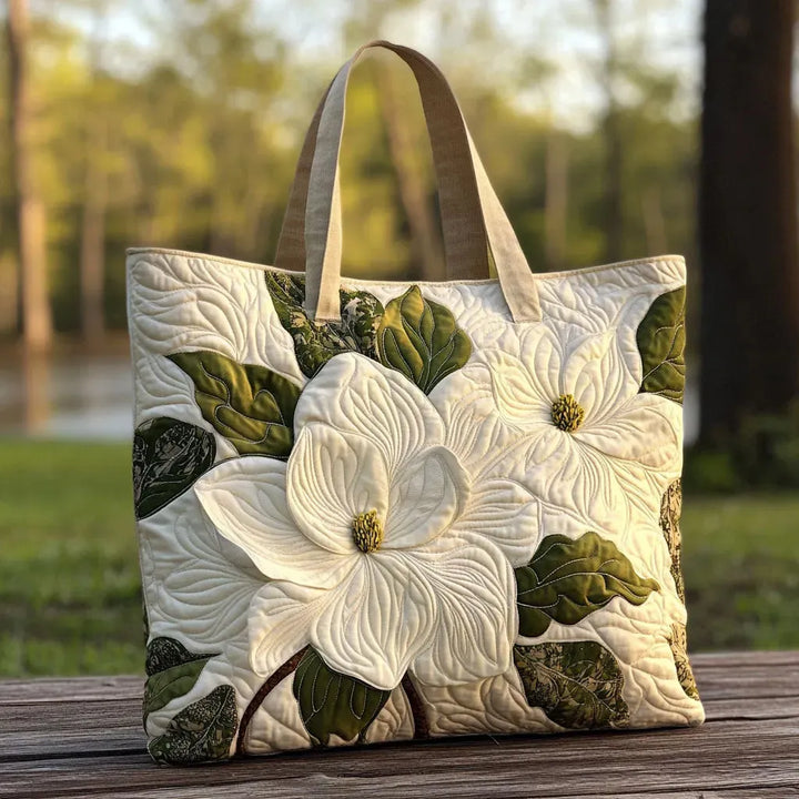 Quilted Tote Bag - Elegant White Lilies