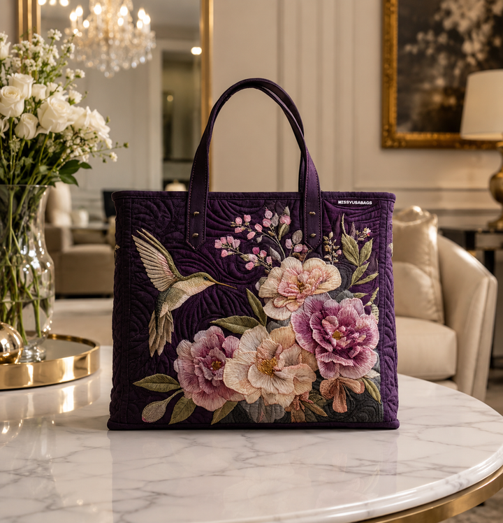Quilted Tote Bag - Hummingbirds and Orchids