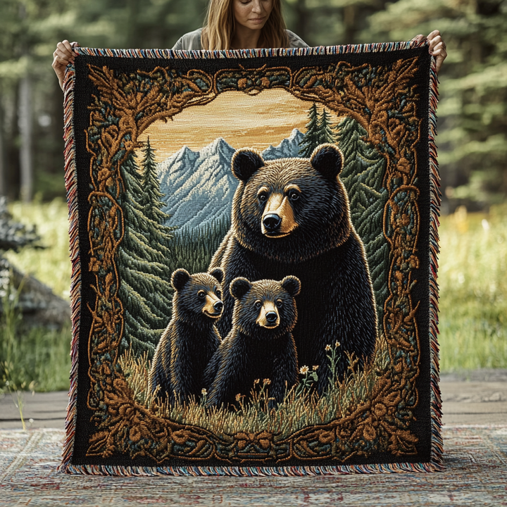 Black Bear Family Woven Sofa Blanket