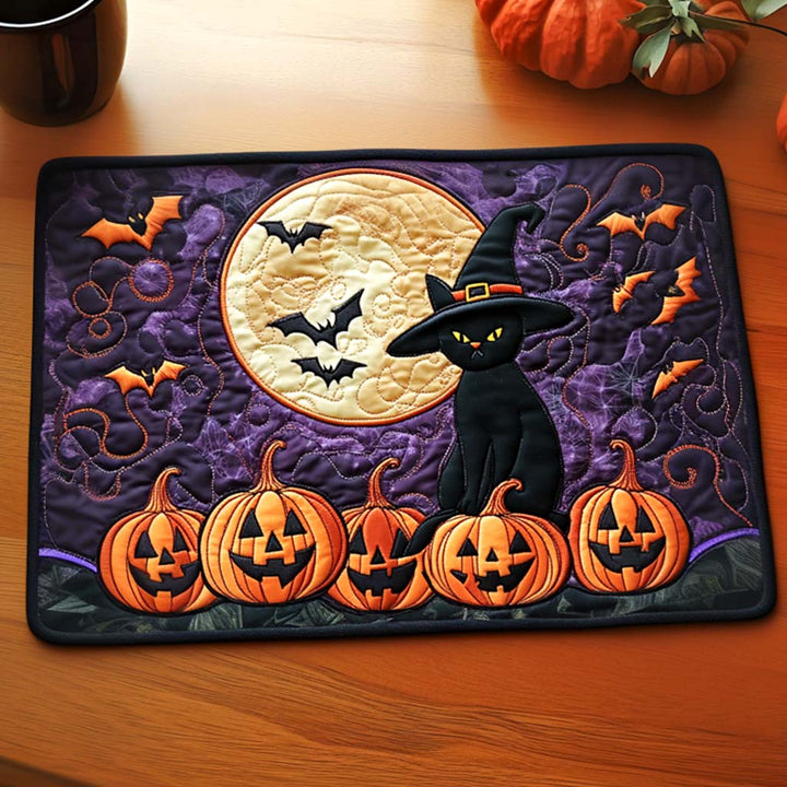 Black Cat Pumpkins Quilted Placemat