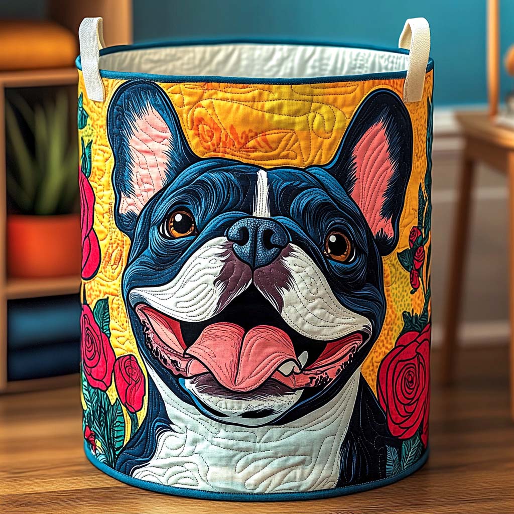 Bloomy Frenchie Smile Quilted Laundry Basket