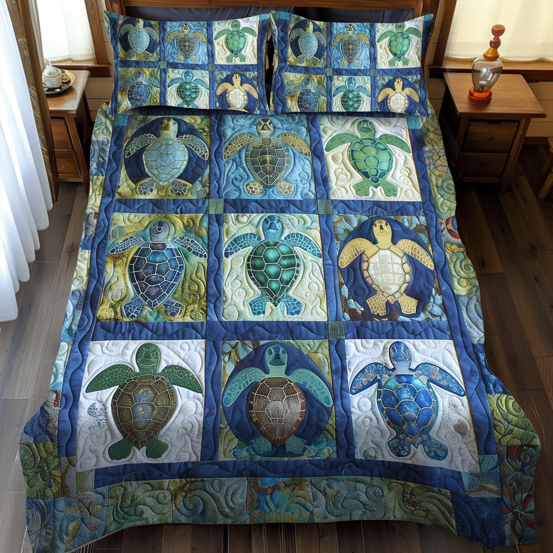 Blue Reef Turtle 3-Piece Quilted Bedding Set