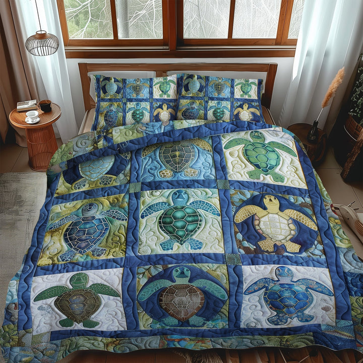 Blue Reef Turtle 3-Piece Quilted Bedding Set