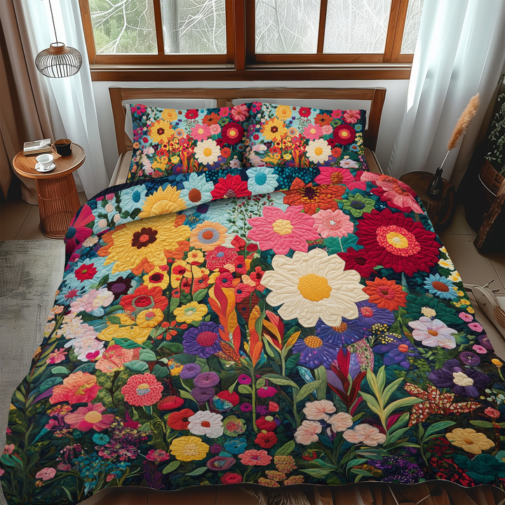Brilliant Flowers 3-Piece Quilted Bedding Set