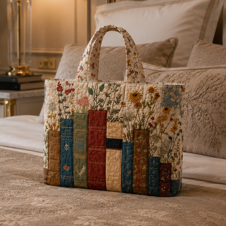 Quilted Tote Bag - Books and Flowers